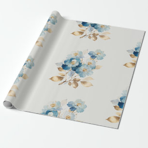 Blue Watercolor Abstract Flowers Golden Wrapping Paper
