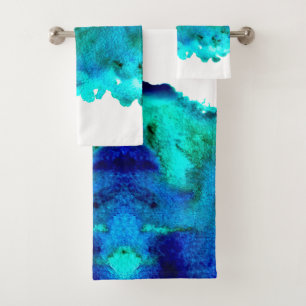 Blue watercolor abstract ocean design bath towel set
