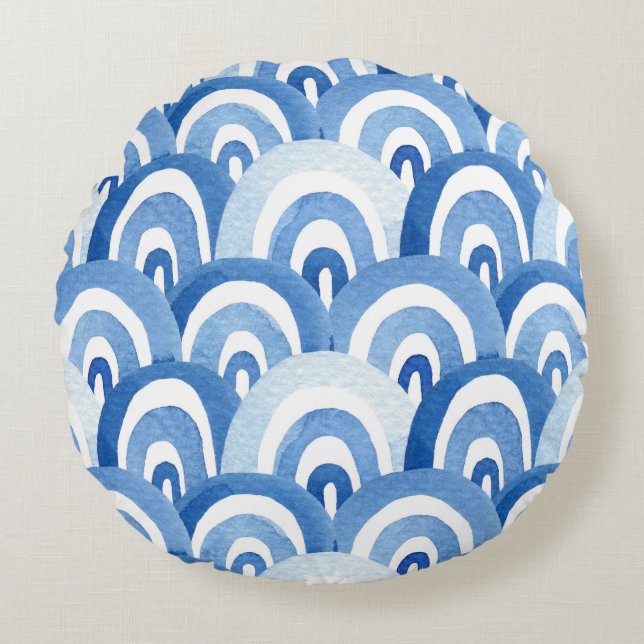 Blue Watercolor: Abstract Sea Waves Round Cushion (Front)