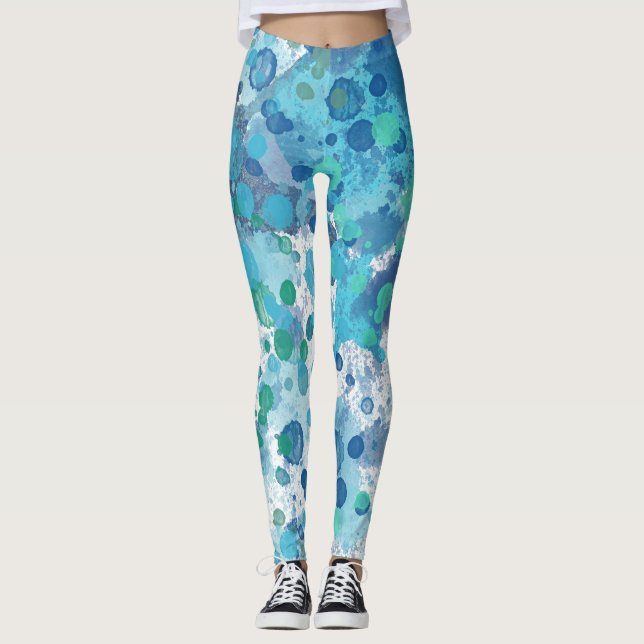 Blue Watercolor Abstract Splats Leggings (Front)