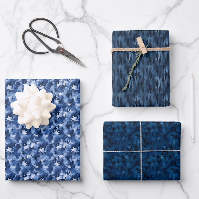 Blue Watercolor Abstract Trio Wrapping Paper Sheet (Front)