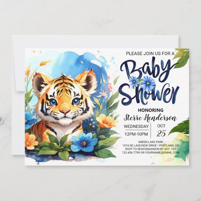 Blue Watercolor Adventure Tiger Cubs Baby Shower Invitation (Front)