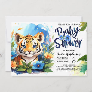 Blue Watercolor Adventure Tiger Cubs Baby Shower Invitation