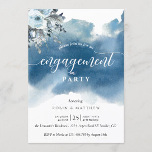 Blue Watercolor and Blue Floral Engagement Party Invitation