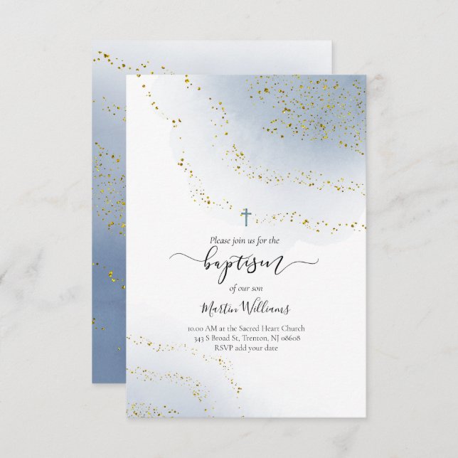 blue watercolor and FAUX foil confetti baptism Invitation (Front/Back)