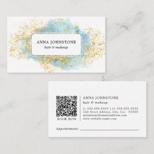 Blue Watercolor and Gold QR Code Appointment Business Card
