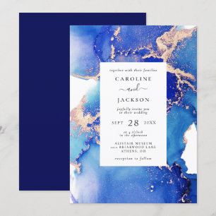 Blue Watercolor and Gold Wedding Invitation