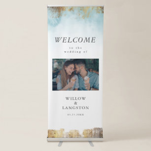 Blue Watercolor and Gold Wedding Welcome Sign