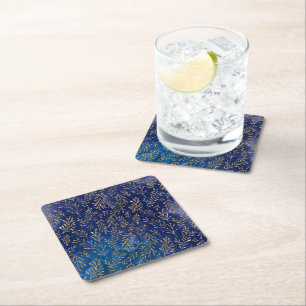 Blue Watercolor Art Shiny Golden Leaves Branch Square Paper Coaster