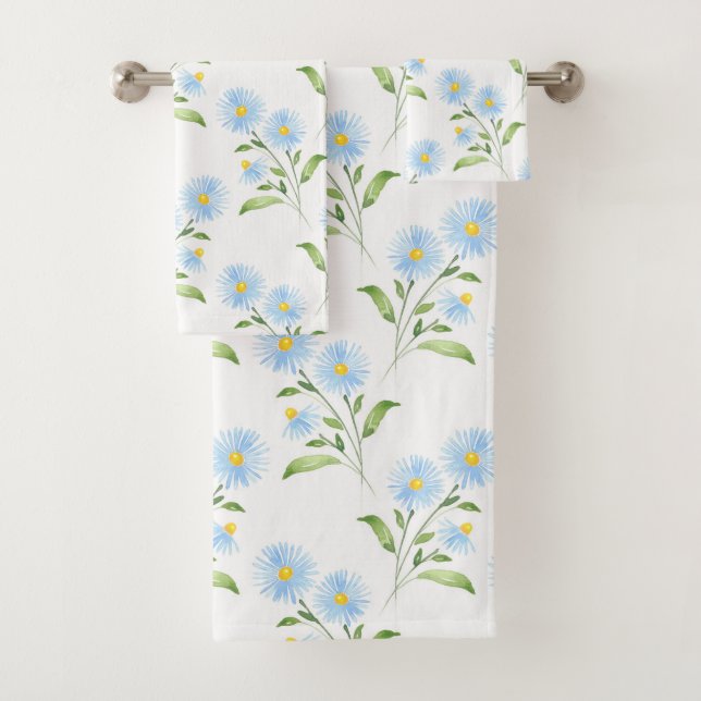 Blue Watercolor Asters Pattern Bath Towel Set (Insitu)