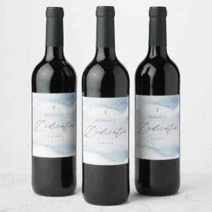 Blue Watercolor Baby Boy Dedication Wine Label