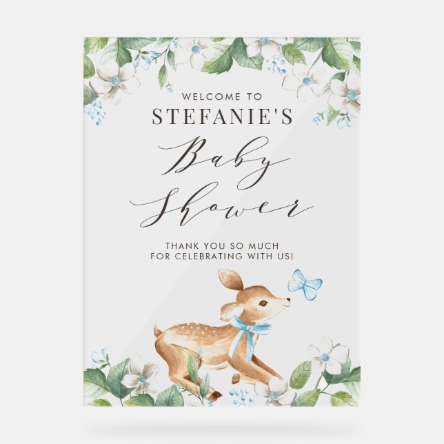 Blue Watercolor Baby Deer Woodland Baby Shower Acrylic Sign (Front)