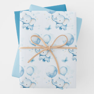 Blue Watercolor Baby Elephant Wrapping Paper 