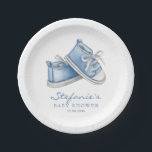 Blue Watercolor Baby Shoes It's a Boy Baby Shower Paper Plate<br><div class="desc">Invite guests to your event with these customisable baby shower paper plates. It features watercolor illustration of adorable blue baby booties. Personalise by adding your details. These blue baby shower paper plates are perfect for It's a Boy baby showers.</div>