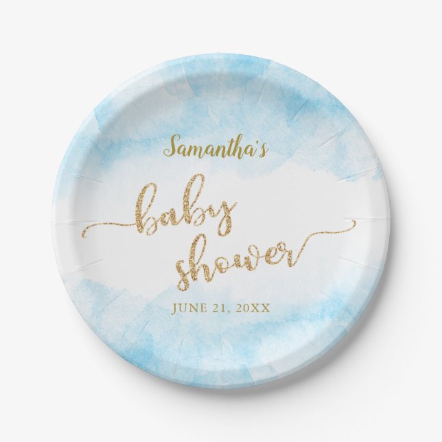 Blue Watercolor Baby Shower Boy Gold Glitter Paper Plate (Front)