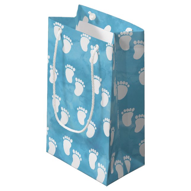 Blue Watercolor Baby Shower Footprint Pattern Small Gift Bag (Front Angled)