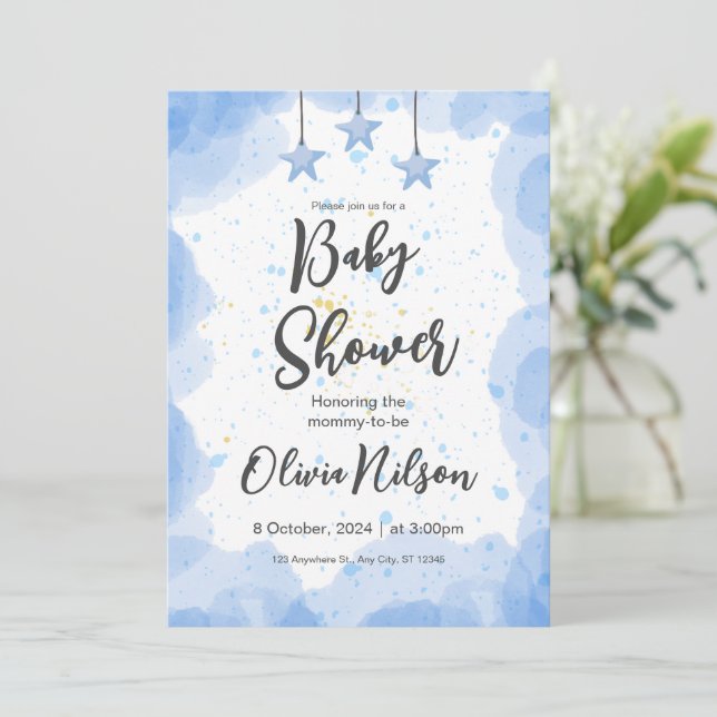 Blue Watercolor Baby Shower,  Oh Boy Baby Shower Invitation (Standing Front)