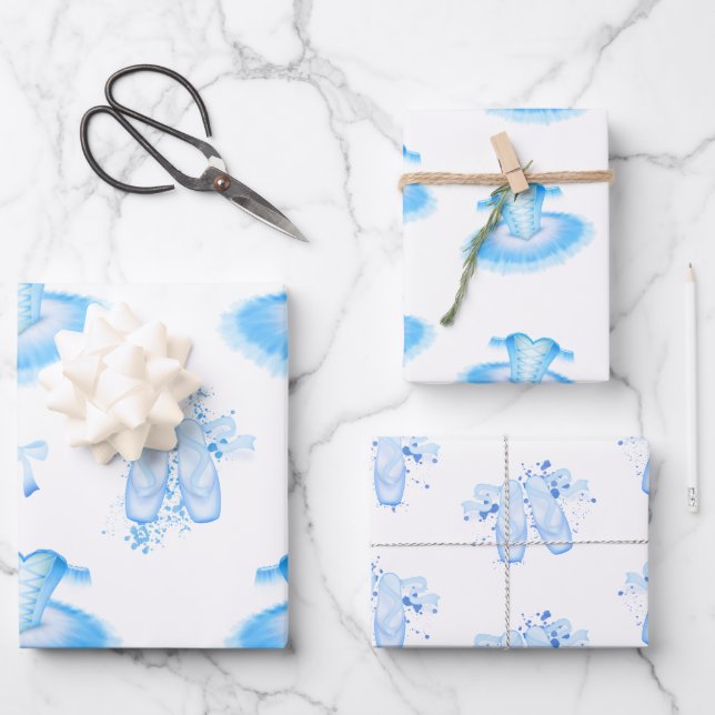 Blue Watercolor Ballerina Pointe Shoes Ballet Wrapping Paper Sheet (Front)
