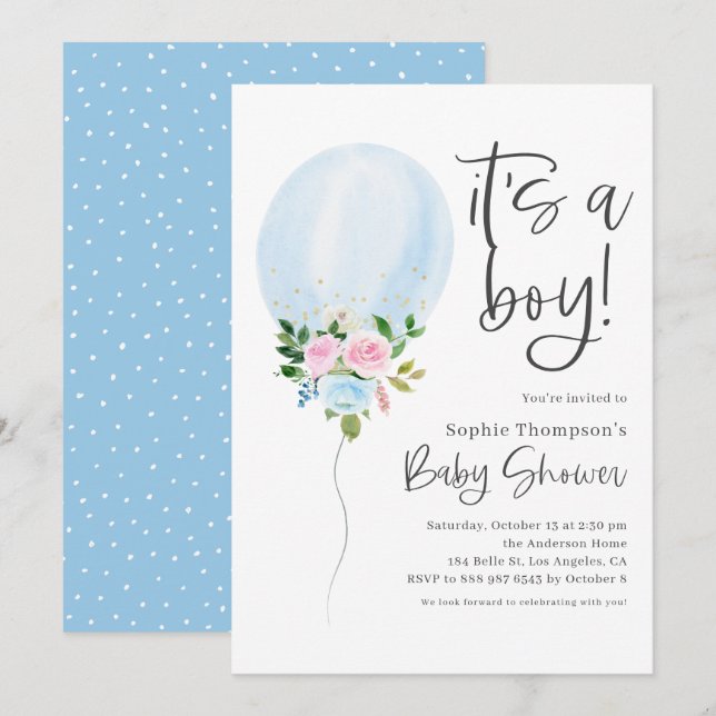 Blue Watercolor Ballon It's a Boy Baby Shower Invitation (Front/Back)