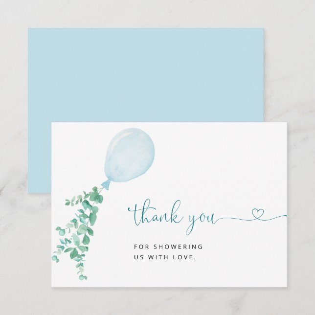Blue Watercolor Balloon Boy Baby Shower Thank You Card (Front/Back)