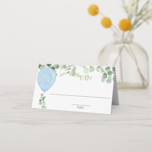 Blue watercolor balloon eucalyptus greenery label place card (Front)
