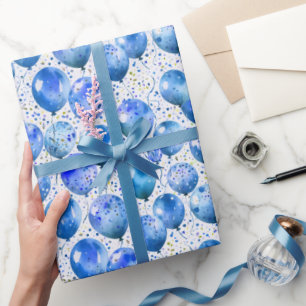 Blue Watercolor Balloons and Confetti Boy Birthday Wrapping Paper