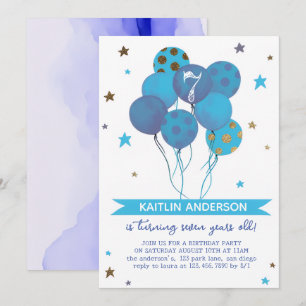Blue Watercolor Balloons Girl 7th Birthday Party Invitation
