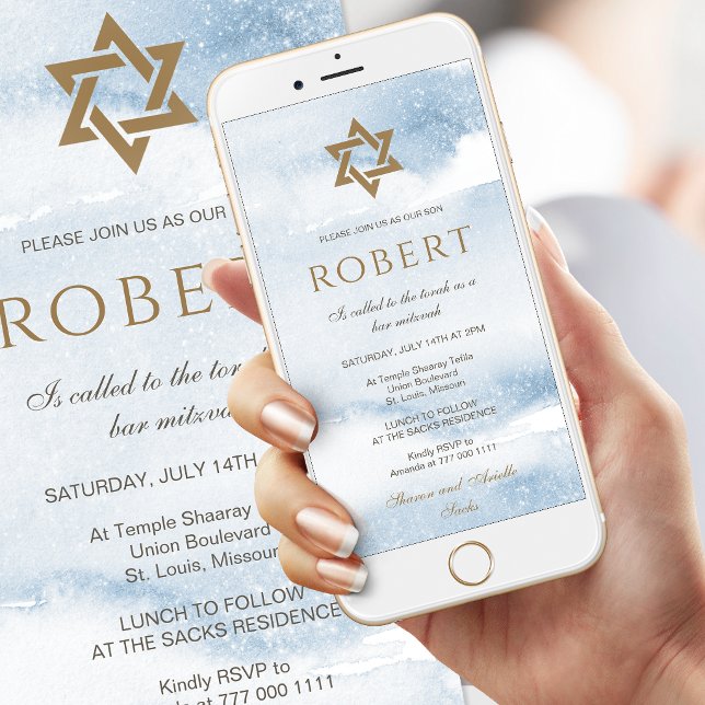 Blue Watercolor Bar Mitzvah Mobile Invite (Dusty Blue Watercolor Bar Mitzvah Mobile Invite)