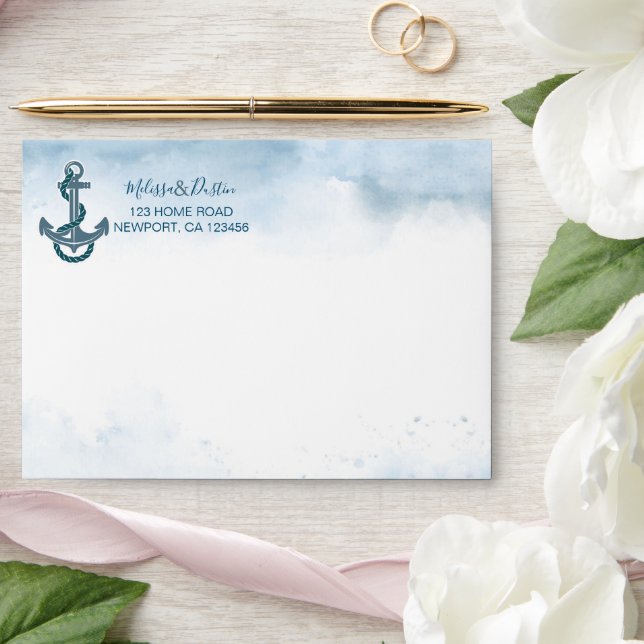 Blue Watercolor Beach Anchor Nautical Wedding  Envelope (Wedding)