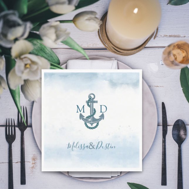 Blue Watercolor Beach Anchor Nautical Wedding  Napkin (Blue Watercolor Beach Anchor Nautical Wedding Napkins)