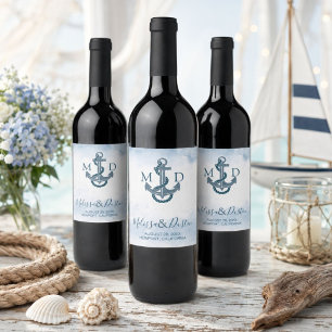 Blue Watercolor Beach Anchor Nautical Wedding  Wine Label