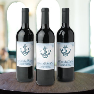 Blue Watercolor Beach Anchor Nautical Wedding  Wine Label