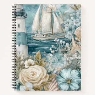 BLUE WATERCOLOR BEACH SCENE SAILBOAT LIGHTHOUSE NOTEBOOK