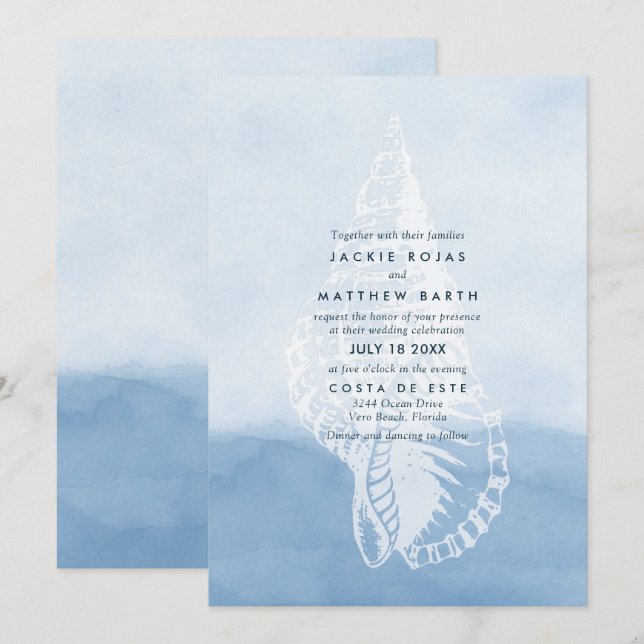 Blue Watercolor Beach Seashell Wedding Invitation (Front/Back)