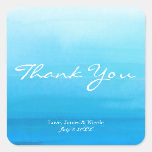 Blue Watercolor Beach Tropical Wedding Favour Square Sticker
