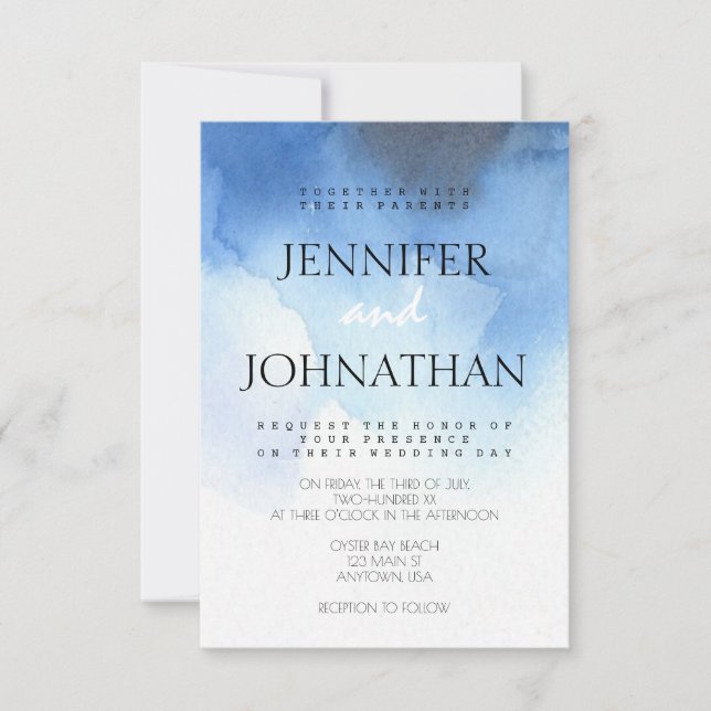 Blue watercolor beach wedding invitations (Front)