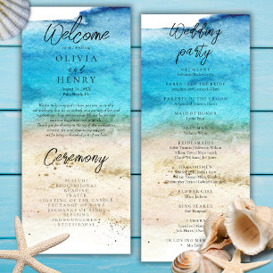 Blue Watercolor Beach Wedding Program 