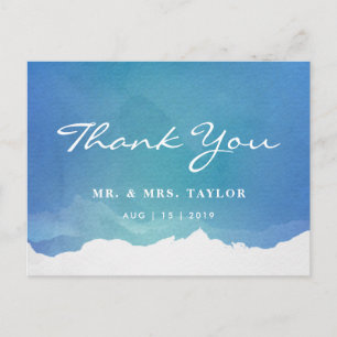 Blue Watercolor Beach Wedding Thank You Postcard