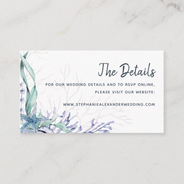 Blue Watercolor Beach Wedding Website Details Enclosure Card (Front)