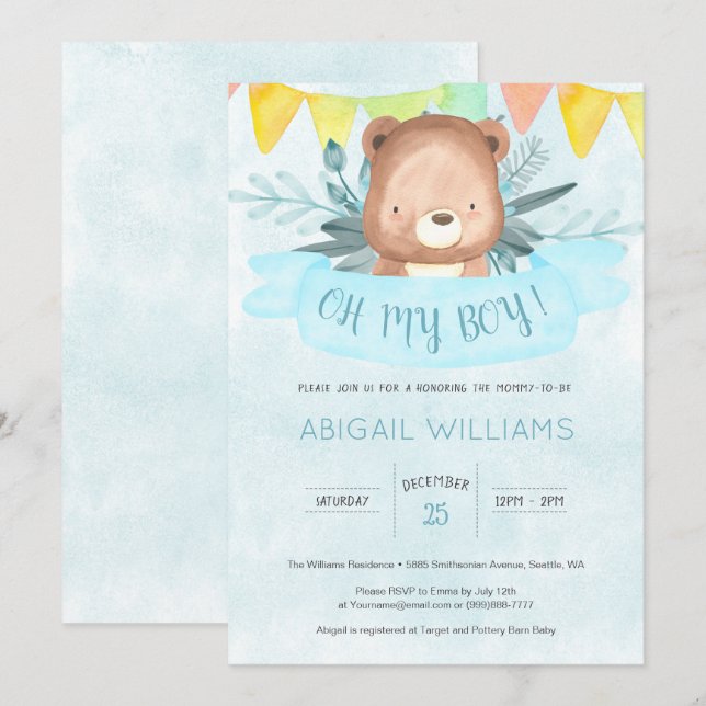 Blue Watercolor Bear Boy Baby Shower Invitation (Front/Back)