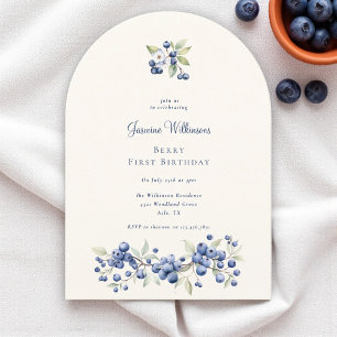 Blue Watercolor Berry First Birthday Party Invitation