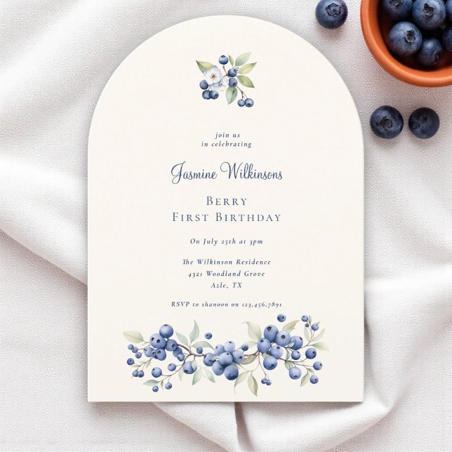 Blue Watercolor Berry First Birthday Party Invitation (Creator Uploaded)