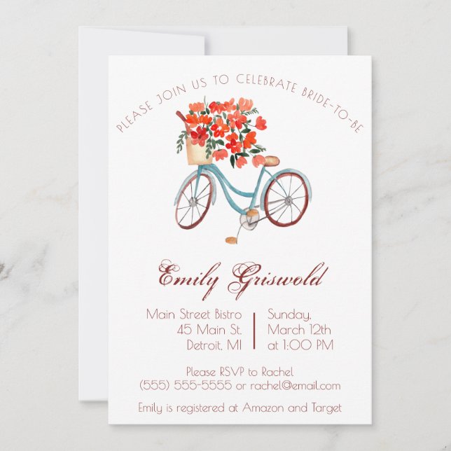 Blue Watercolor Bicycle Floral Bridal Shower Invitation (Front)