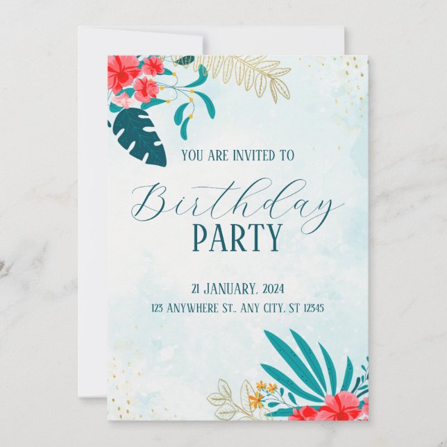 Blue Watercolor Birthday Party Invitation Card (Front)