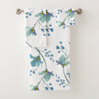 Blue Watercolor Blossom Bath Towel Set