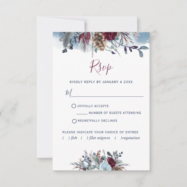 Blue Watercolor, Blue, Burgundy Purple Floral RSVP Card (Front)