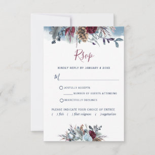 Blue Watercolor, Blue, Burgundy Purple Floral RSVP Card