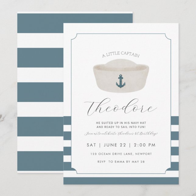 Blue watercolor Blue Marine Hat First Birthday Invitation (Front/Back)