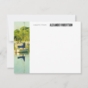 Blue Watercolor Boat Scene Flat Note Card