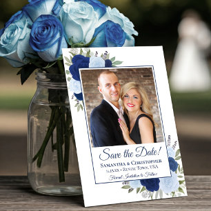 Blue Watercolor Boho Chic Roses & Photo Wedding Save The Date
